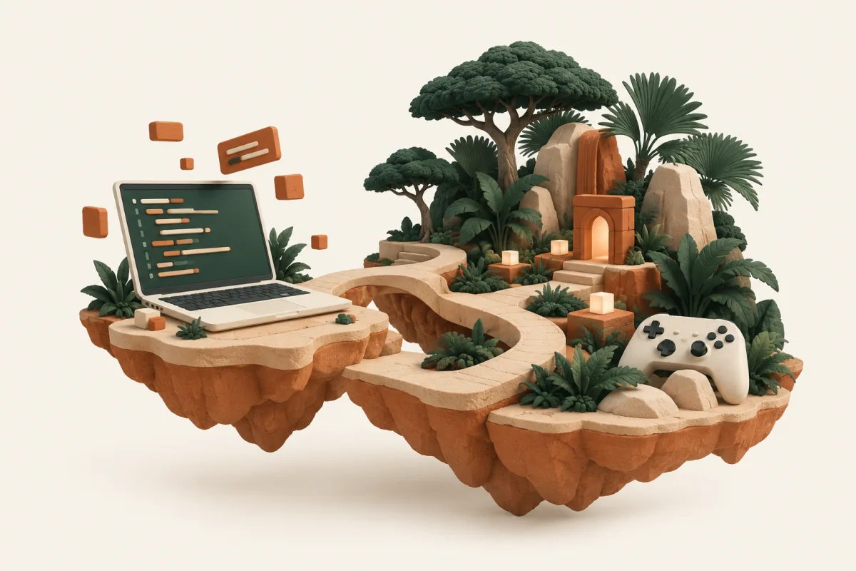 Um caminho conecta um computador a um mundo de árvores brasileiras, portais e um controle de jogo, em formas de argila e tons da Caititu.