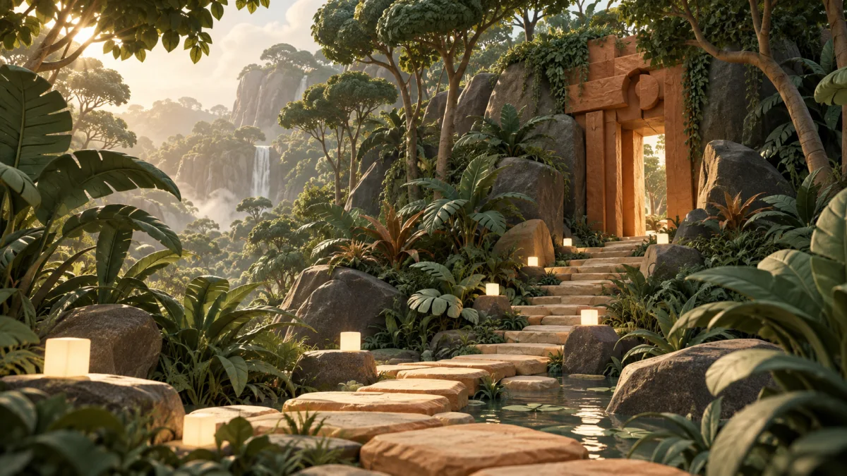 Trilha de pedras atravessa uma floresta estilizada e leva a um portal de terracota iluminado.